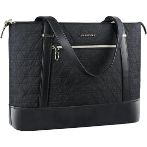 imageVANKEAN Laptop Bag for Women 156 Inch Work Bag Waterproof Computer Shoulder Bag with USB Port Large Tote Bag for Work Business Travel Quilted BlackBlack